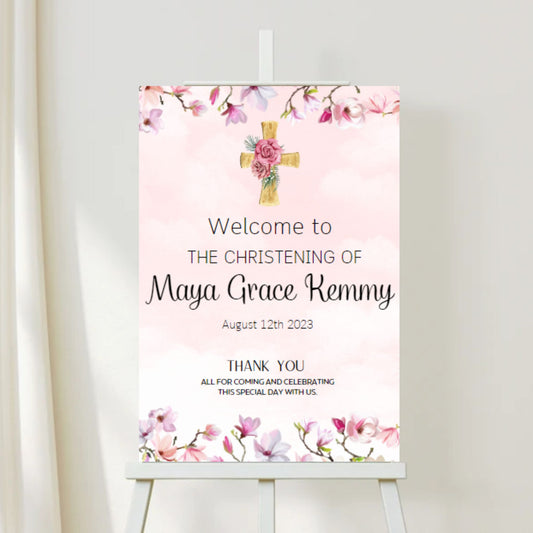 Pink Christening Day Welcome Sign